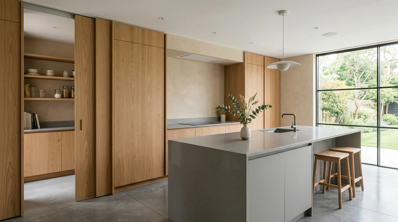 Use open shelving sparingly and with purpose inspiration for a Japandi kitchen.